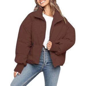 Women’s Brown Outerwear Ribbed Cuffs Slant Pockets Classic Cropped Puffer Jacket